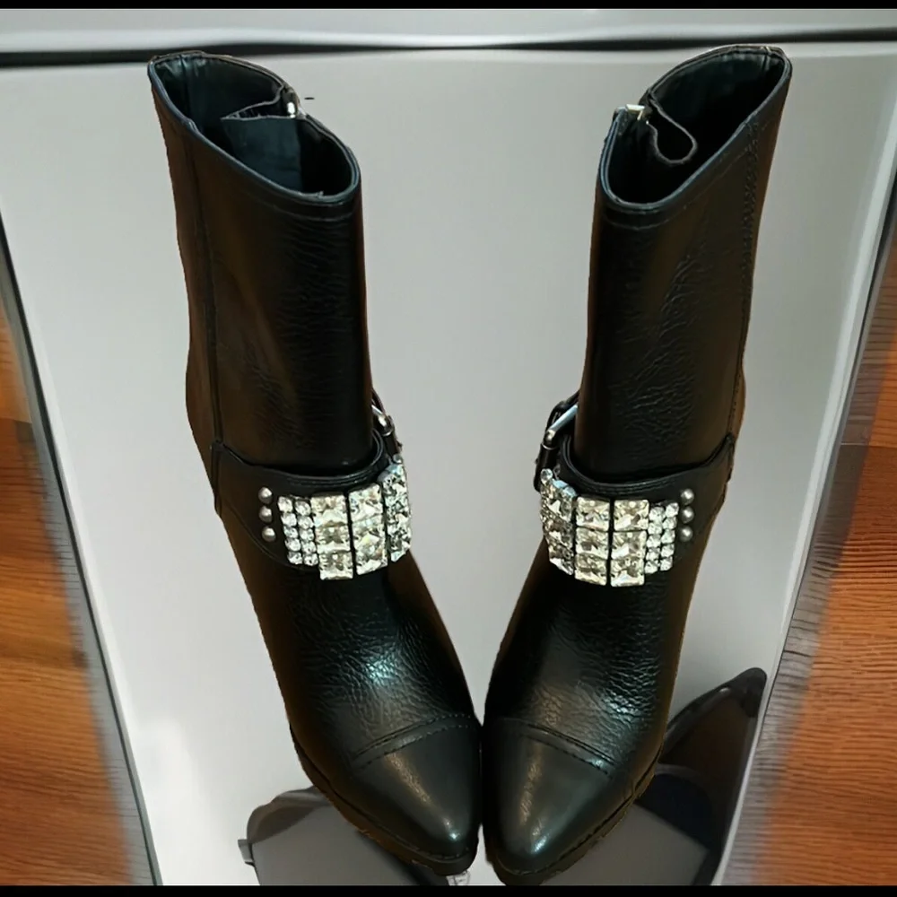 Karl Lagerfeld Mable Lug-Sole Heeled Black Boot W/Crystal & Polished Studs Strap
